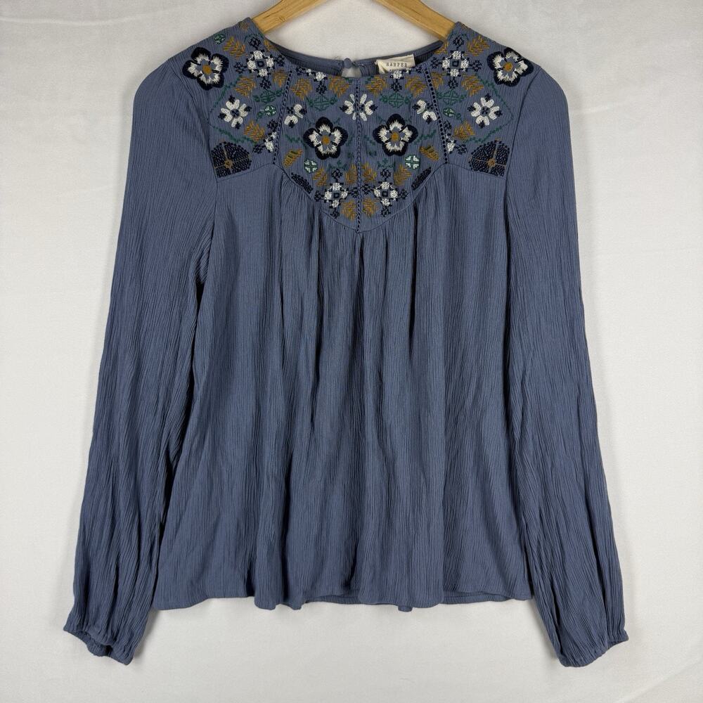 Harper Heritage Women’s XS Blue Embroidered Boho Peasant Blouse Long Sleeve